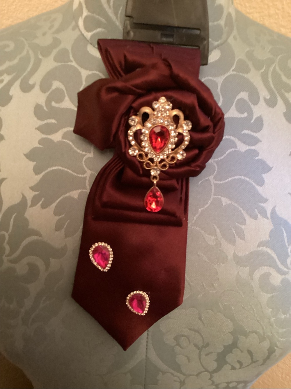 Elegant Burgundy Satin necktie Necklace with Red Crystal Accents